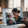 New mother holding baby with a calendar in the background marking the postpartum period.