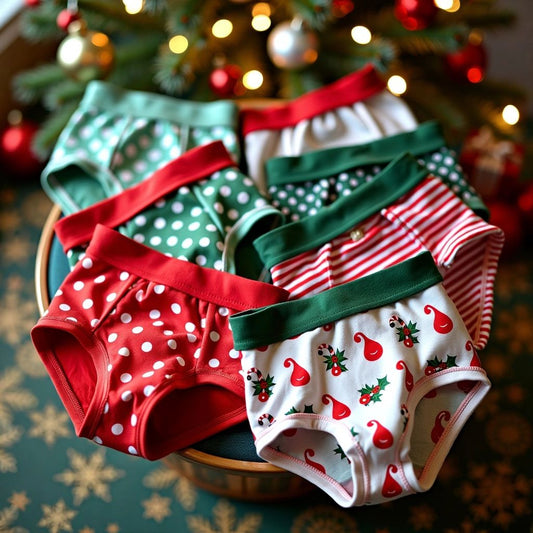 Six colorful pairs of mismatched underwear for Christmas.