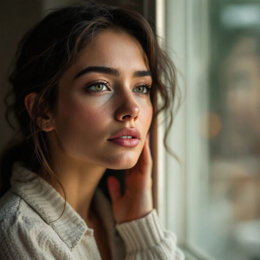 A woman looking thoughtfully out of a window.