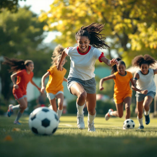 Diverse girls playing sports in a vibrant outdoor setting.