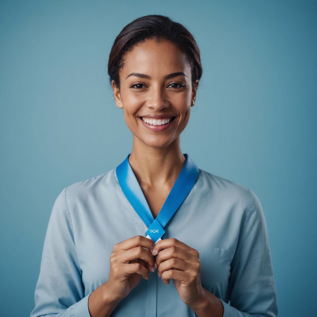 Woman smiling with bladder health ribbon, promoting awareness and support for bladder leak issues.