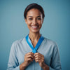 Woman smiling with bladder health ribbon, promoting awareness and support for bladder leak issues.