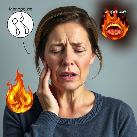 Woman in discomfort symbolizing menopause and burning mouth connection.