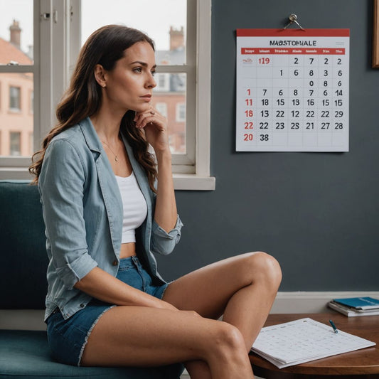 Woman holding abdomen with menstrual cycle calendar