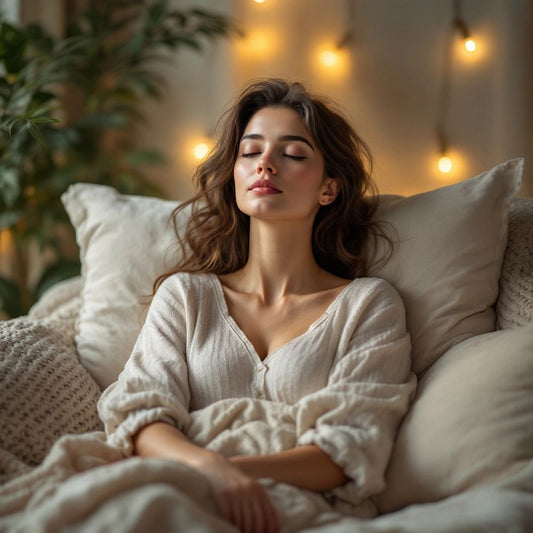 Serene woman in a cozy, calming environment.