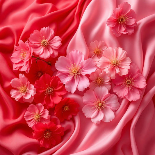 Vibrant flowers and soft fabrics in red and pink.