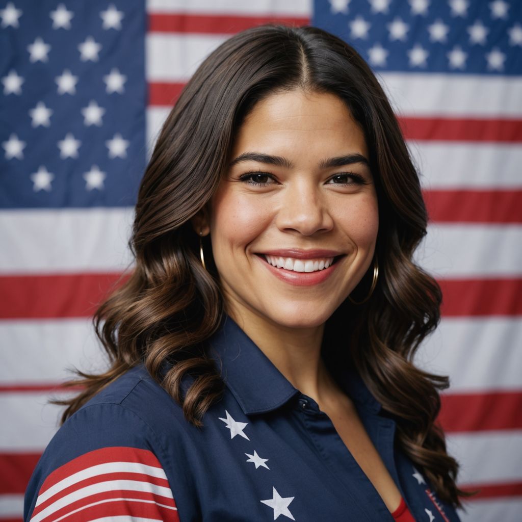 America Ferrera smiling with patriotic background and bold text.