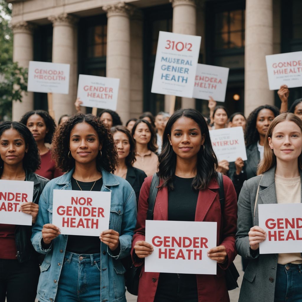 Group holding signs for gender-inclusive menstrual health language.