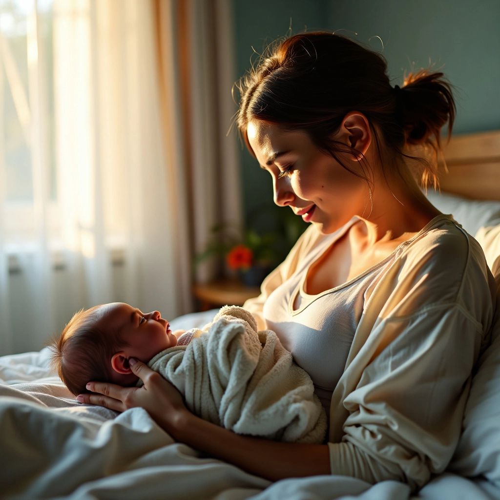 New mother cradling newborn in serene bedroom