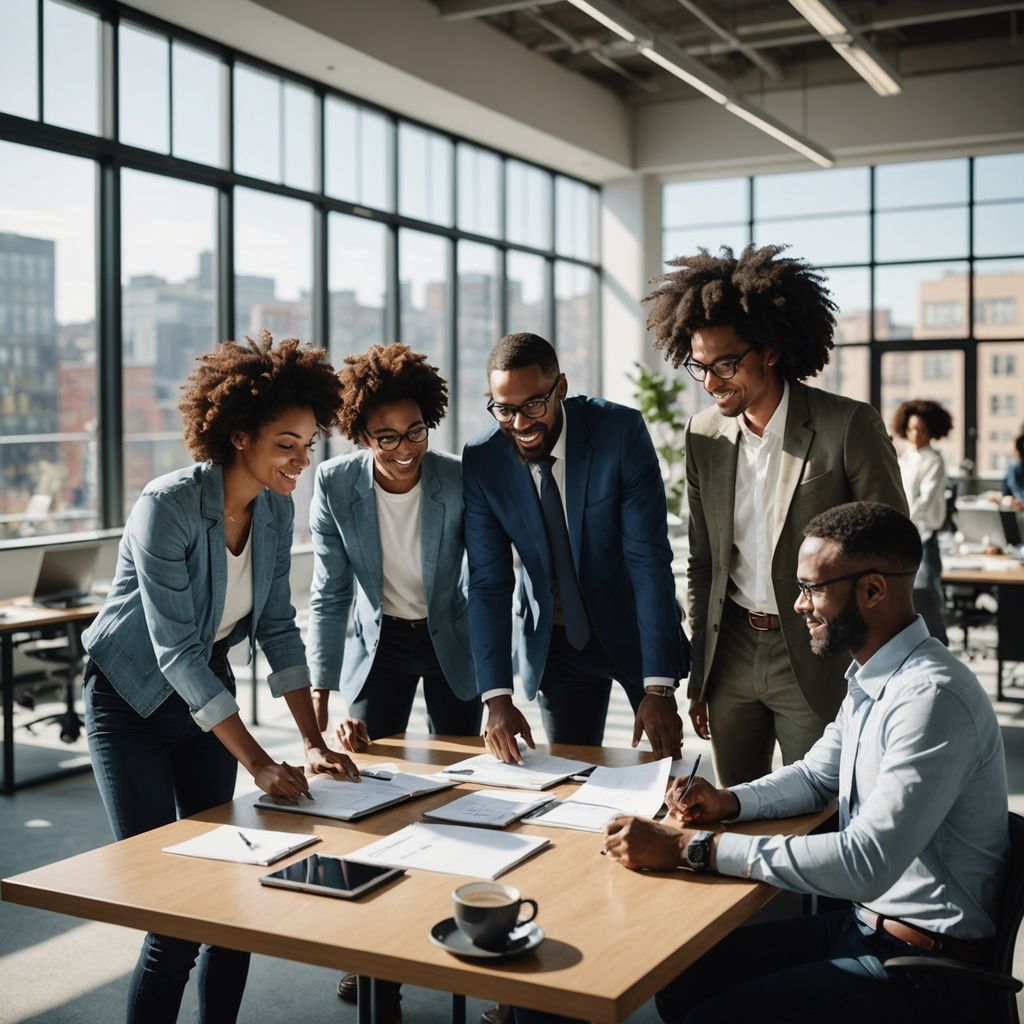 Diverse group collaborating in modern office