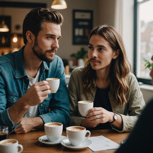 Couple talking about birth control over coffee at home.