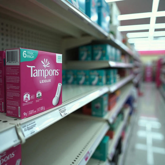 Empty shelves with one box of tampons.