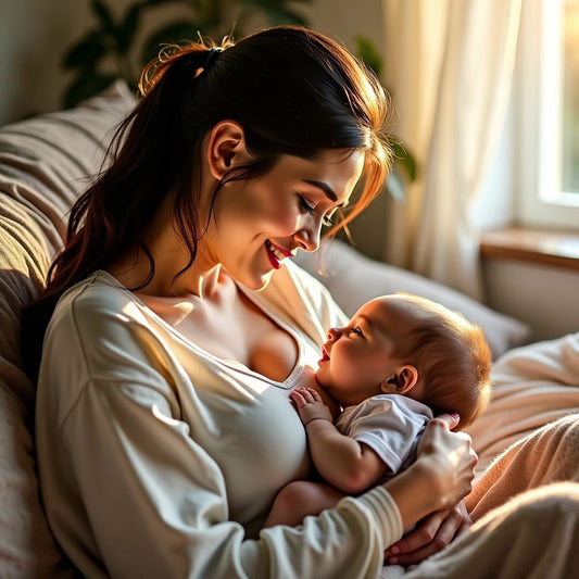 Mother breastfeeding baby in a cozy, serene setting.