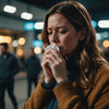 Woman managing stress incontinence during cough and sneeze