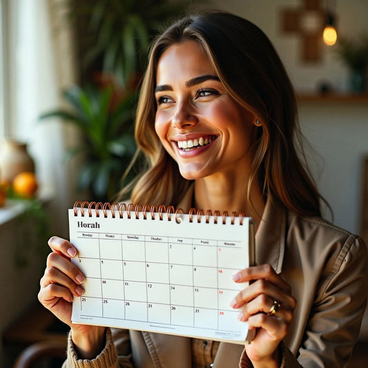 Woman holding calendar with marked dates.