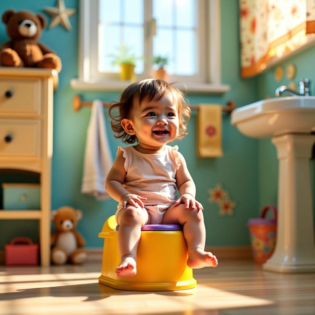 Child using a colorful potty in a bright bathroom.