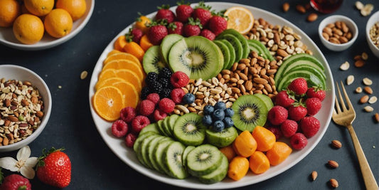 A colorful plate of fruits, vegetables, nuts, and seeds promoting a balanced diet for hormonal health during the follicular phase.