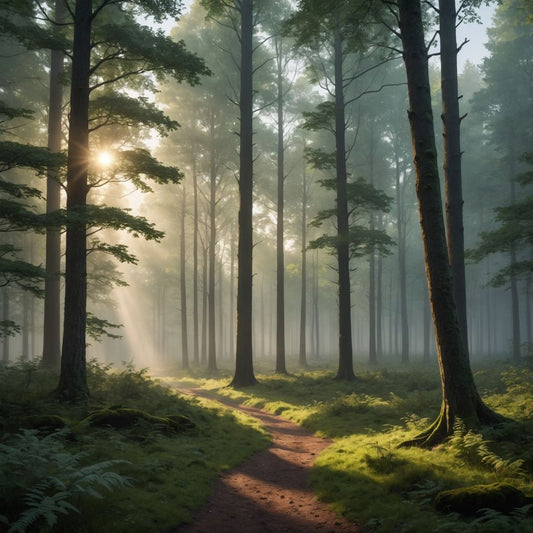 Serene forest clearing at dawn with mist.