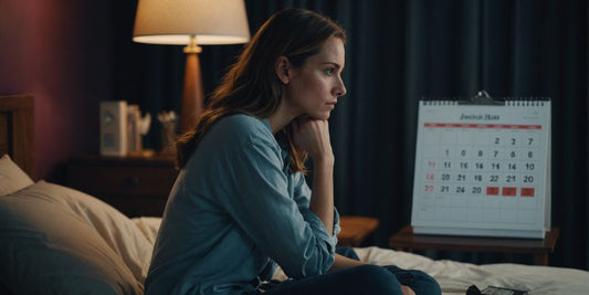 Woman sitting on bed at night, looking concerned, with a menstrual cycle calendar in the background.