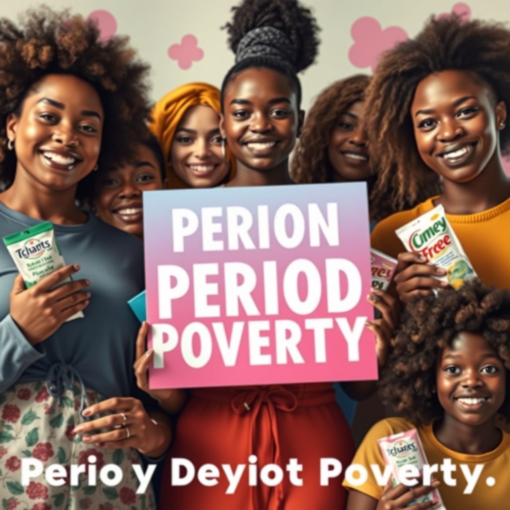 Diverse individuals united against period poverty with menstrual products.