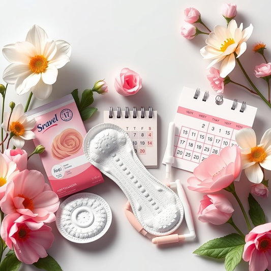 Illustration of menstrual products with flowers and pastel colors.