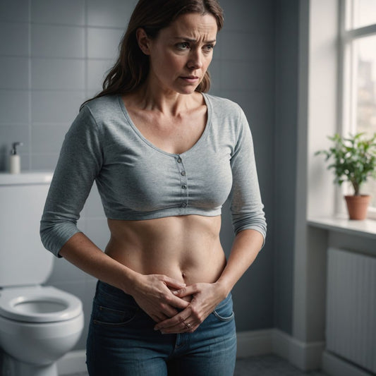 Worried woman holding abdomen in bathroom setting