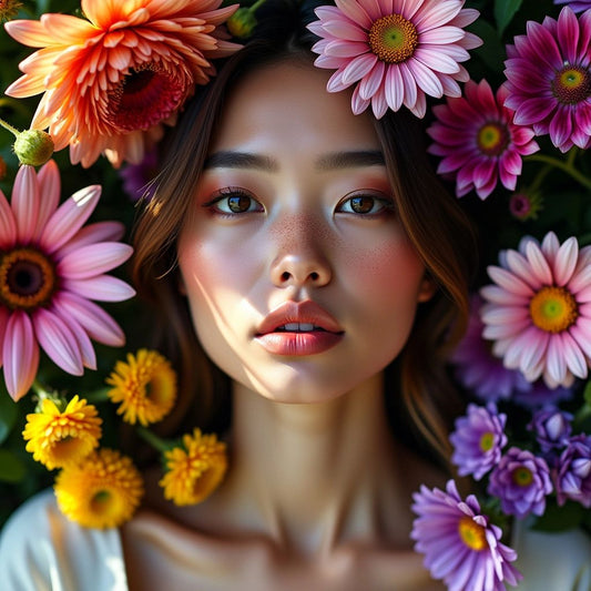 Hyper-realistic woman among colorful flowers in natural light.