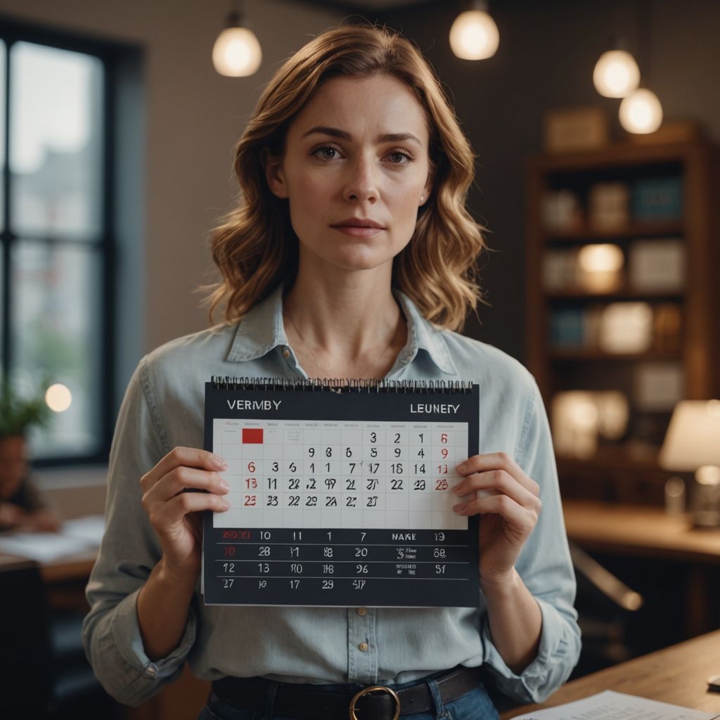 Woman holding chest, calendar in background, feeling relieved