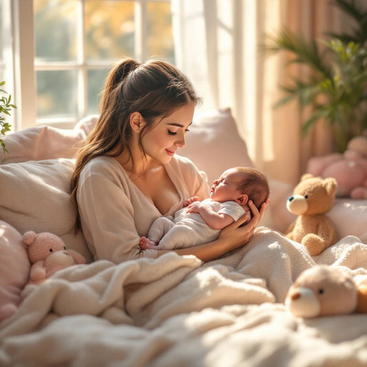 Mother cradling newborn in a sunlit, cozy room.