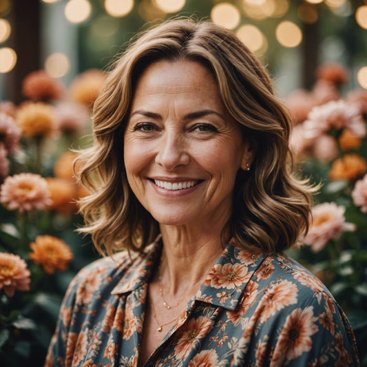 Confident woman in her late 40s or early 50s, smiling, with warm colors and floral patterns in the background.