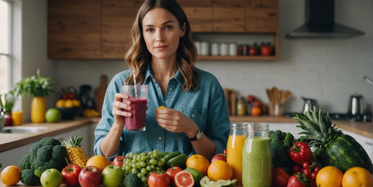 Woman holding a smoothie with fresh fruits and vegetables, representing nutritional tips for period weakness management.