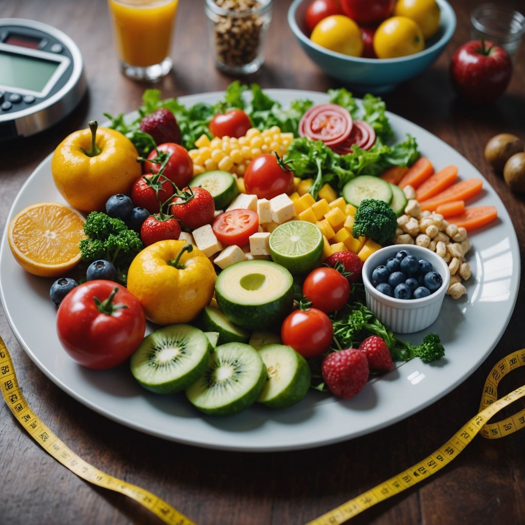 Assorted healthy foods on a plate with measuring tape.