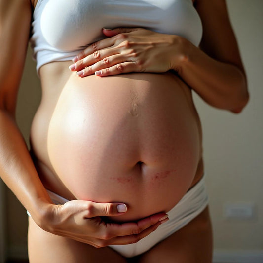 Close-up of pregnant belly with soft lighting.