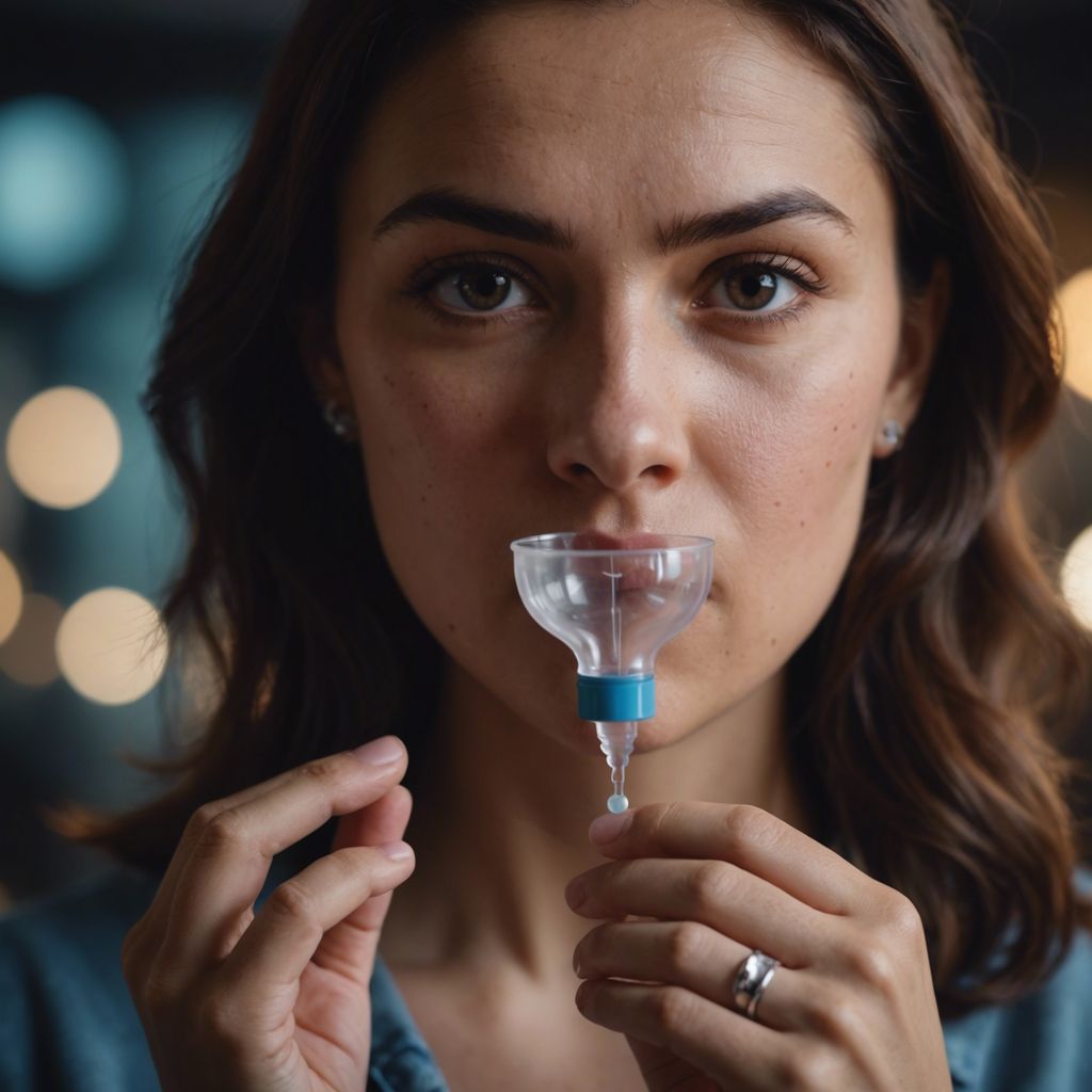 Woman holding menstrual cup, concerned expression, pelvic organs diagram in background.