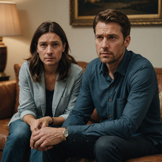 Couple on couch, woman concerned, man uncomfortable.