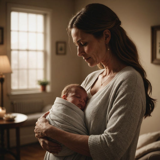 Mother holding newborn in warm, softly lit room.