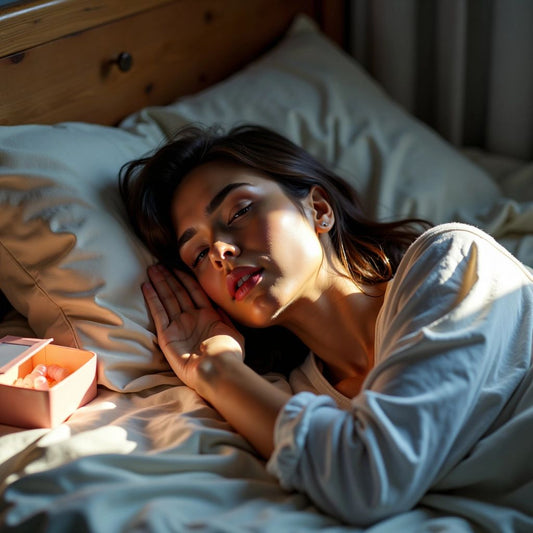 Close-up of a woman in bed with tampon box.