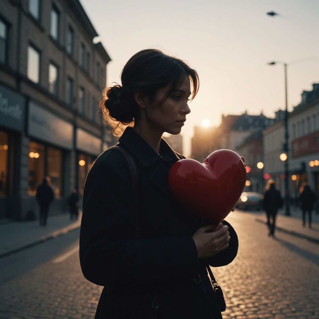 Woman carrying a heart-shaped burden silhouette.