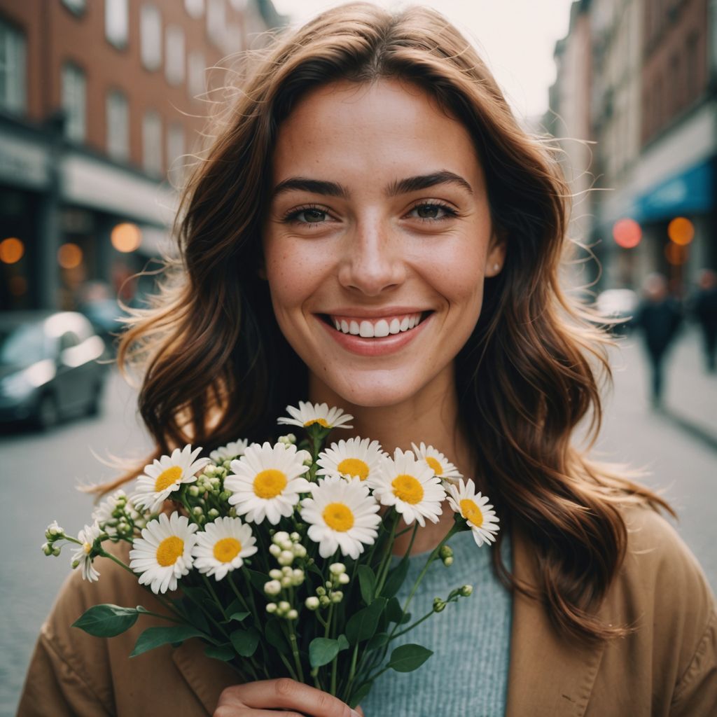 Woman smiling, holding flowers, feeling clean and refreshed.