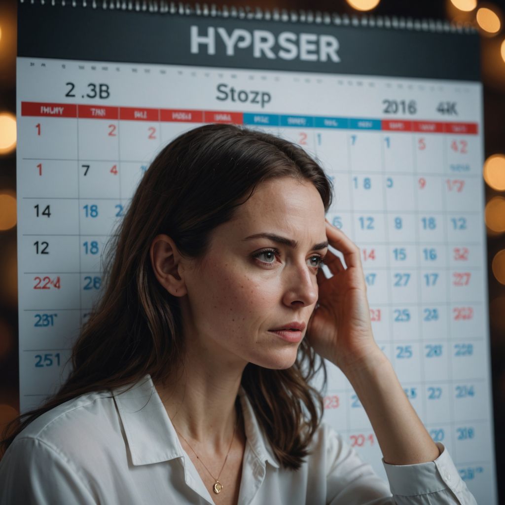 Stressed woman with calendar showing marked menstrual dates