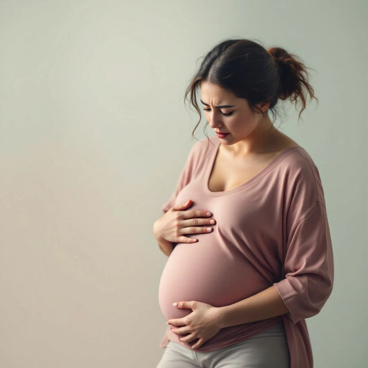 Woman in discomfort holding her abdomen, hyper-realistic style.