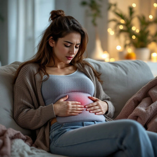 Woman with heating pad, expressing period pain relief.