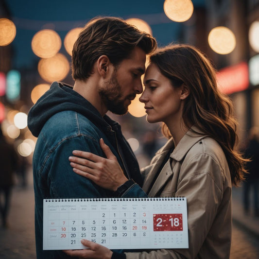 Couple hugging with menstrual cycle calendar in background.