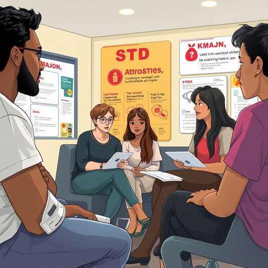 Diverse individuals discussing STDs in a calm setting.