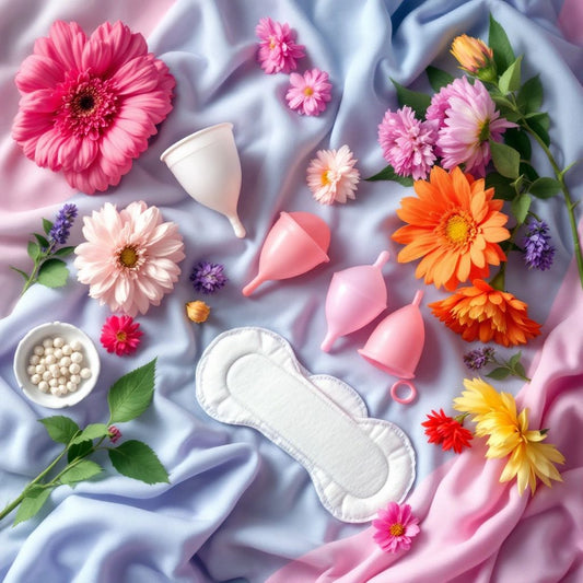 Hyper-realistic menstrual products and flowers on fabric.