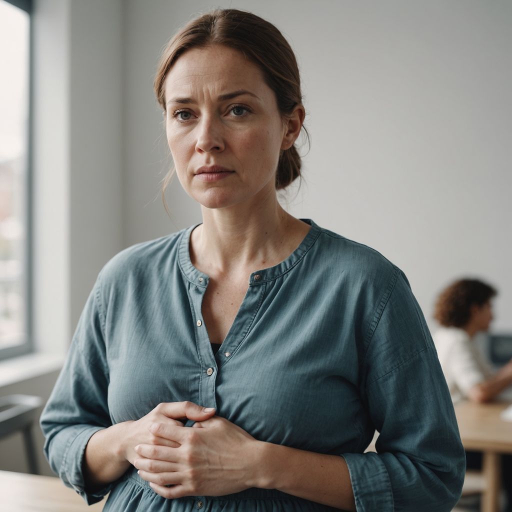 Woman holding stomach, looking uncomfortable, light background