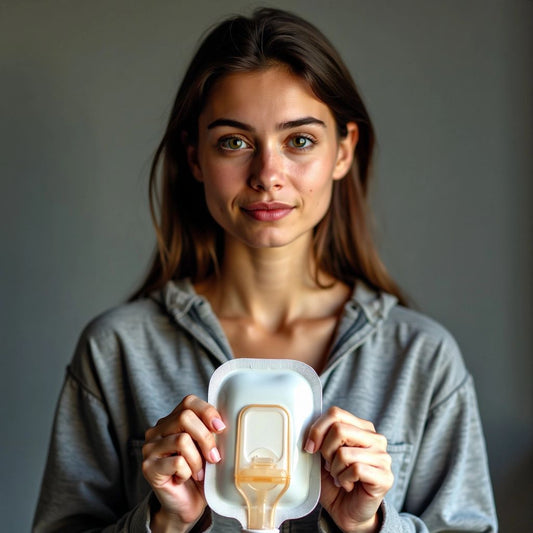 Young woman holding a medical ostomy bag.