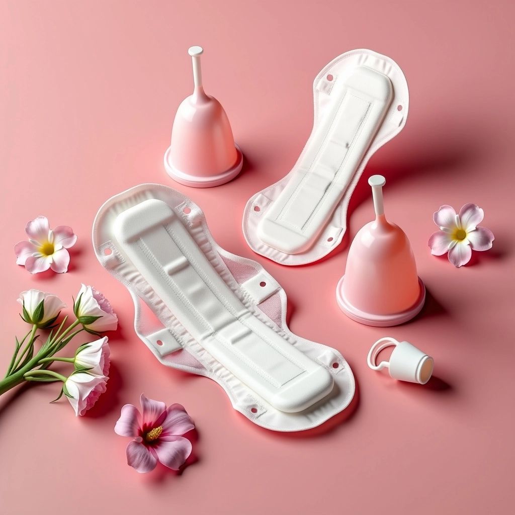 Hyper-realistic menstrual health products on a pastel background.