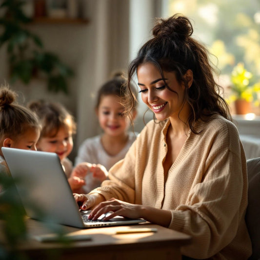 Confident woman working from home with children nearby.