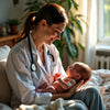 Lactation consultant assisting a mother with breastfeeding her baby.